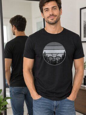 Mountain Bike T-Shirt: Bike, Sunset, Pine Trees Distressed Look MTB Biker Gift